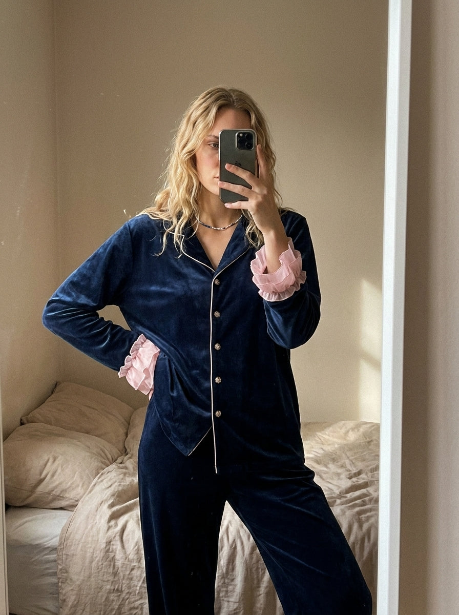 Blue Frill Velvet Nightwear