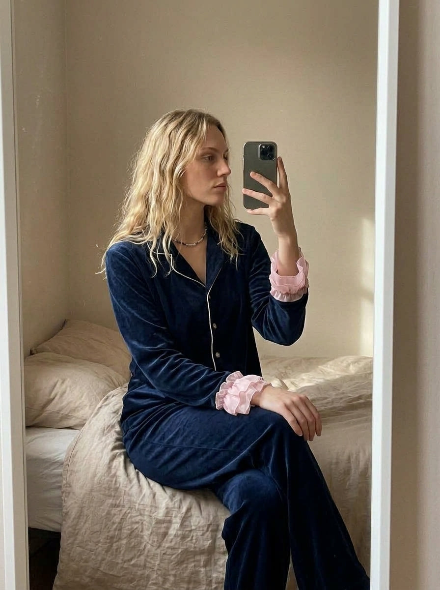 Blue Frill Velvet Nightwear