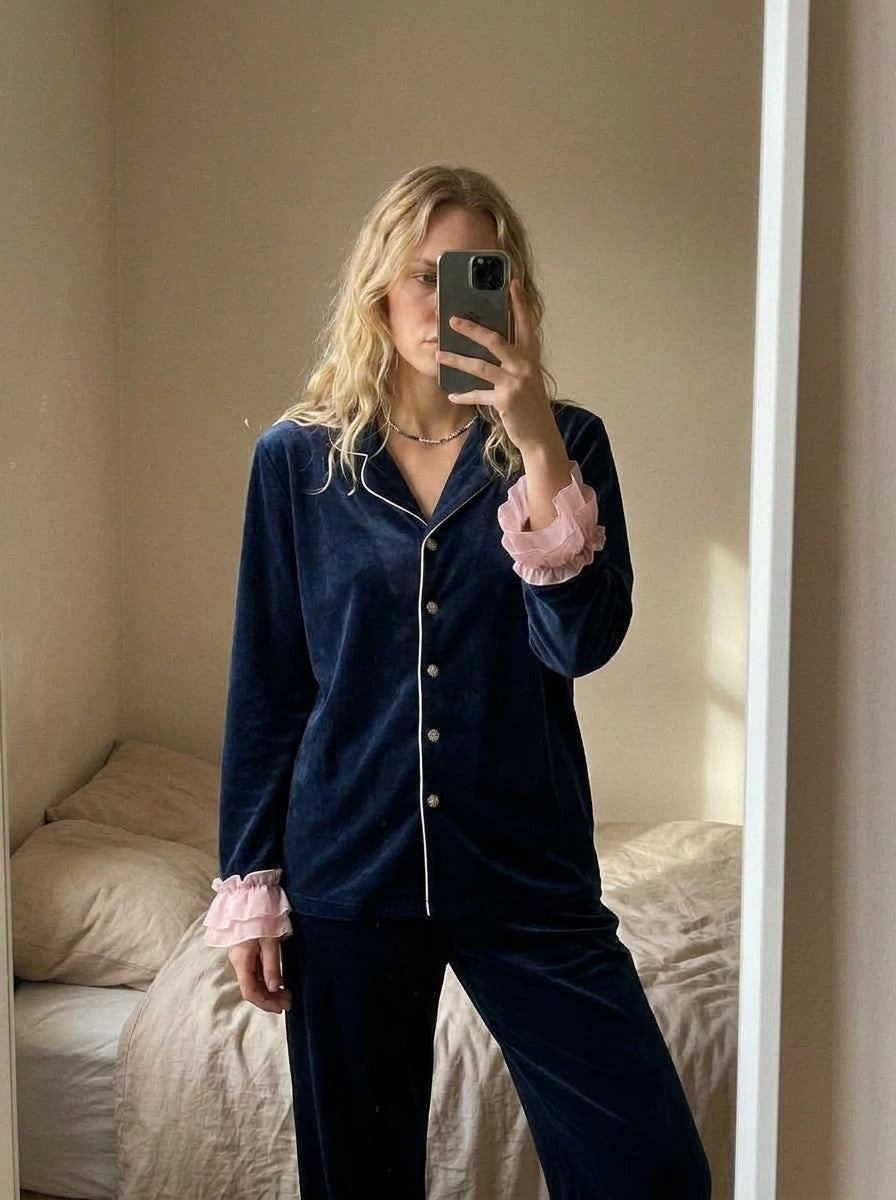 Blue Frill Velvet Nightwear
