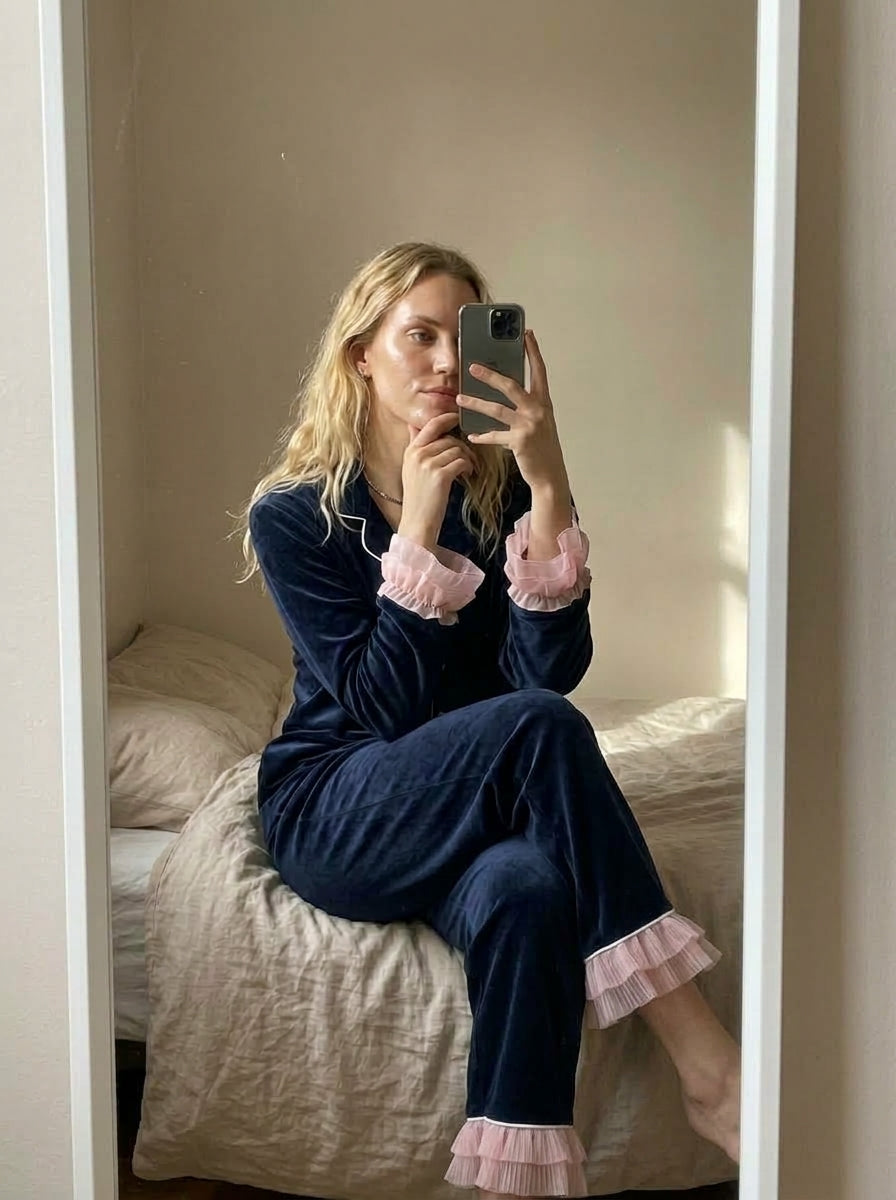 Blue Frill Velvet Nightwear