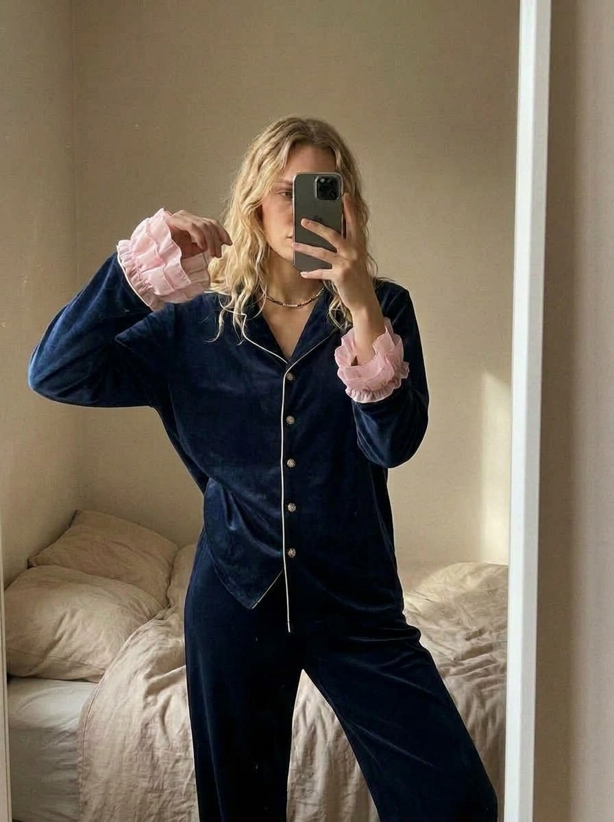 Blue Frill Velvet Nightwear