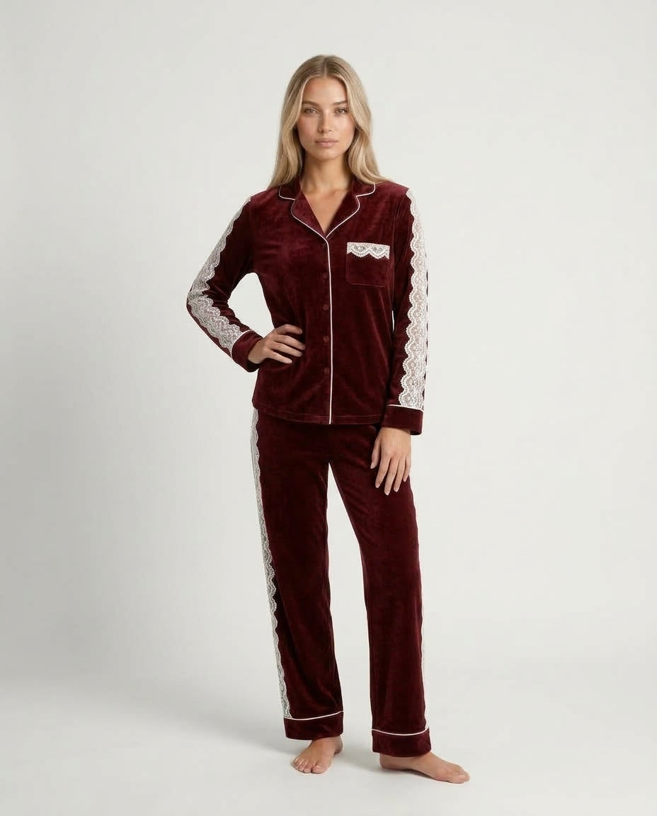 Mehroon Lace Velvet Nightwear