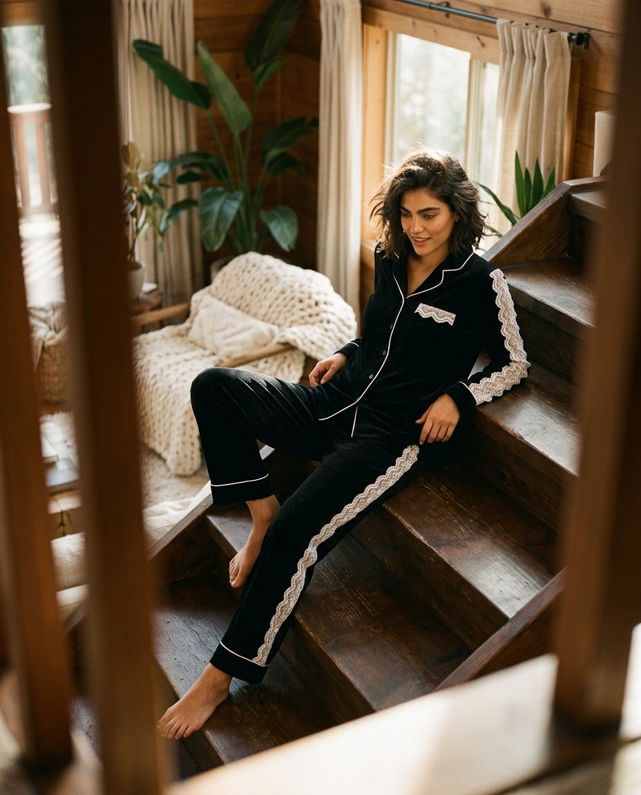 Black Lace Velvet Nightwear