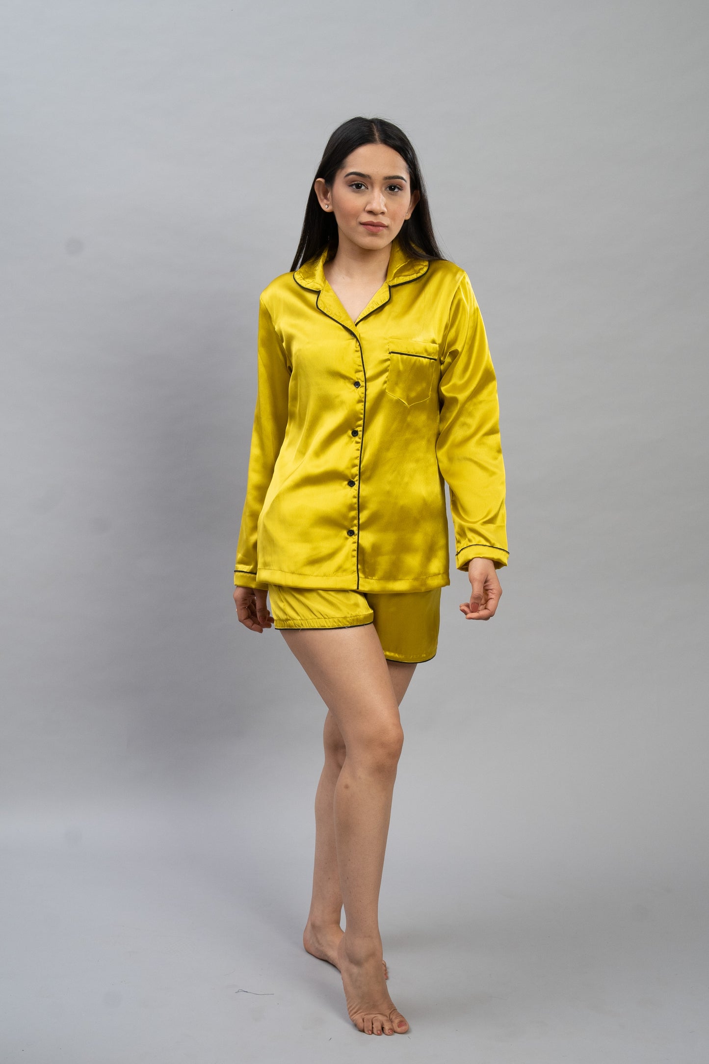 Neon Yellow Satin Shorts Set (Women)