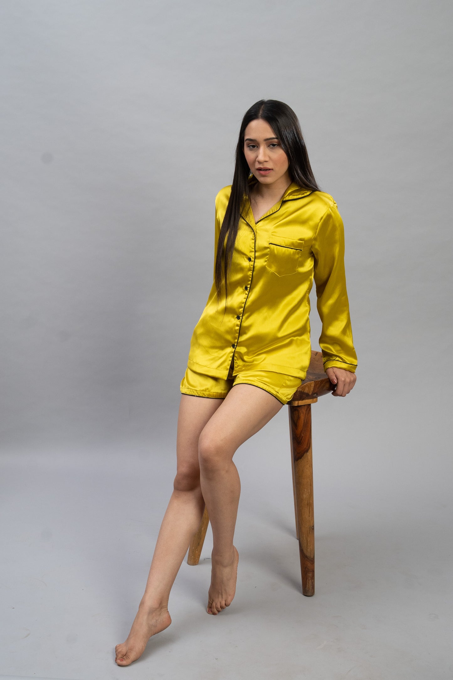 Neon Yellow Satin Shorts Set (Women)
