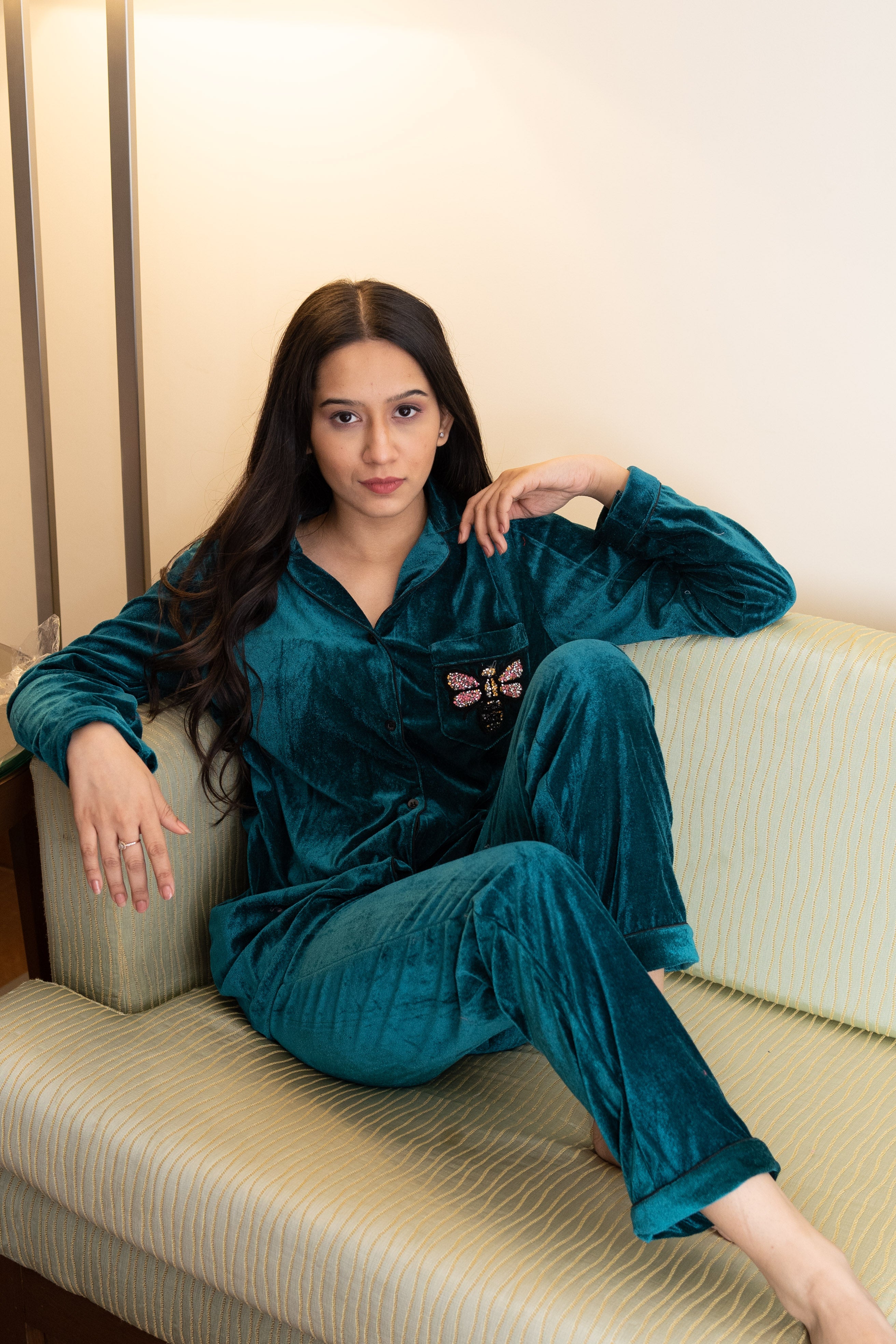 Teal Butterfly Velvet Nightwear