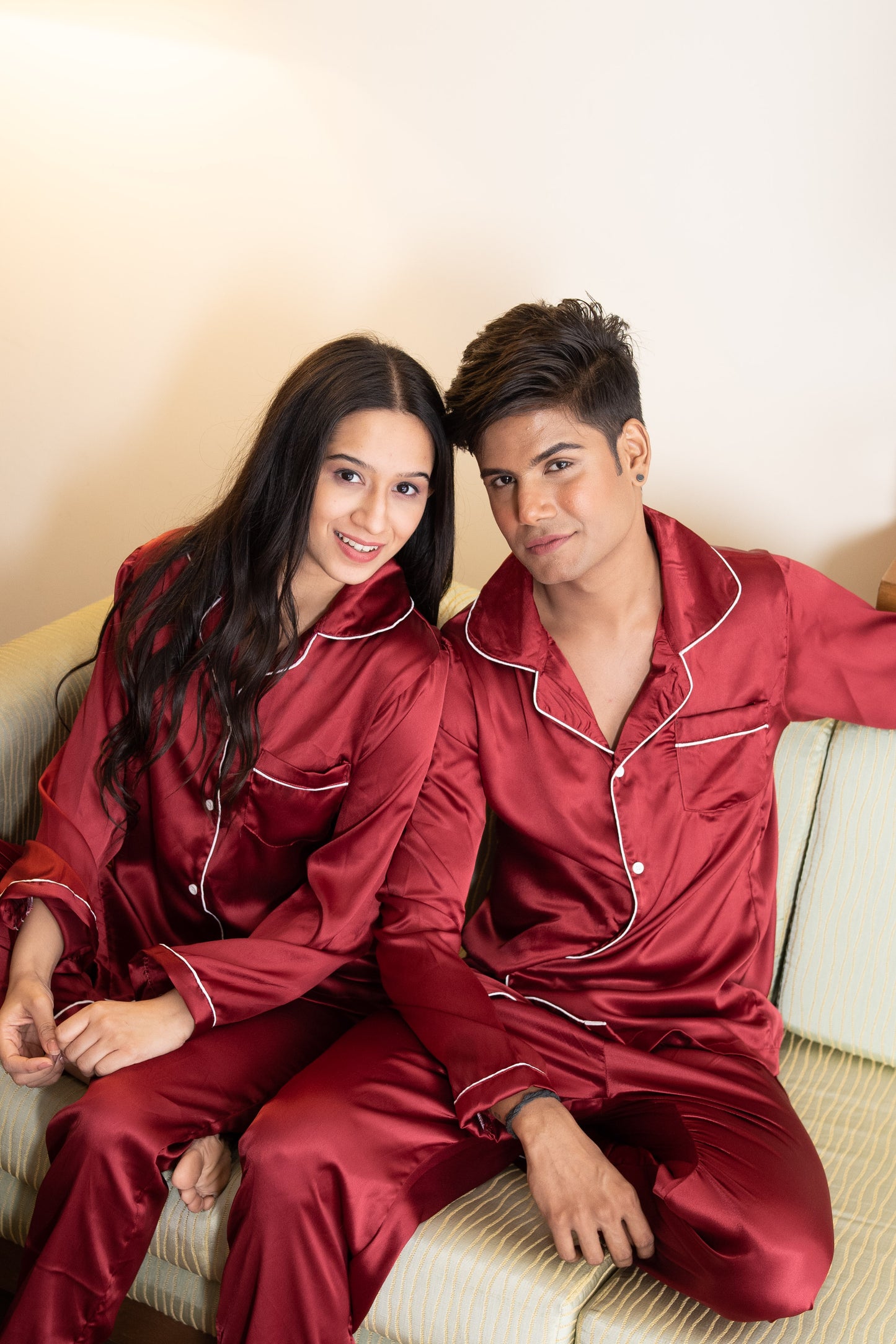 Mehroon Satin Couple Nightwear