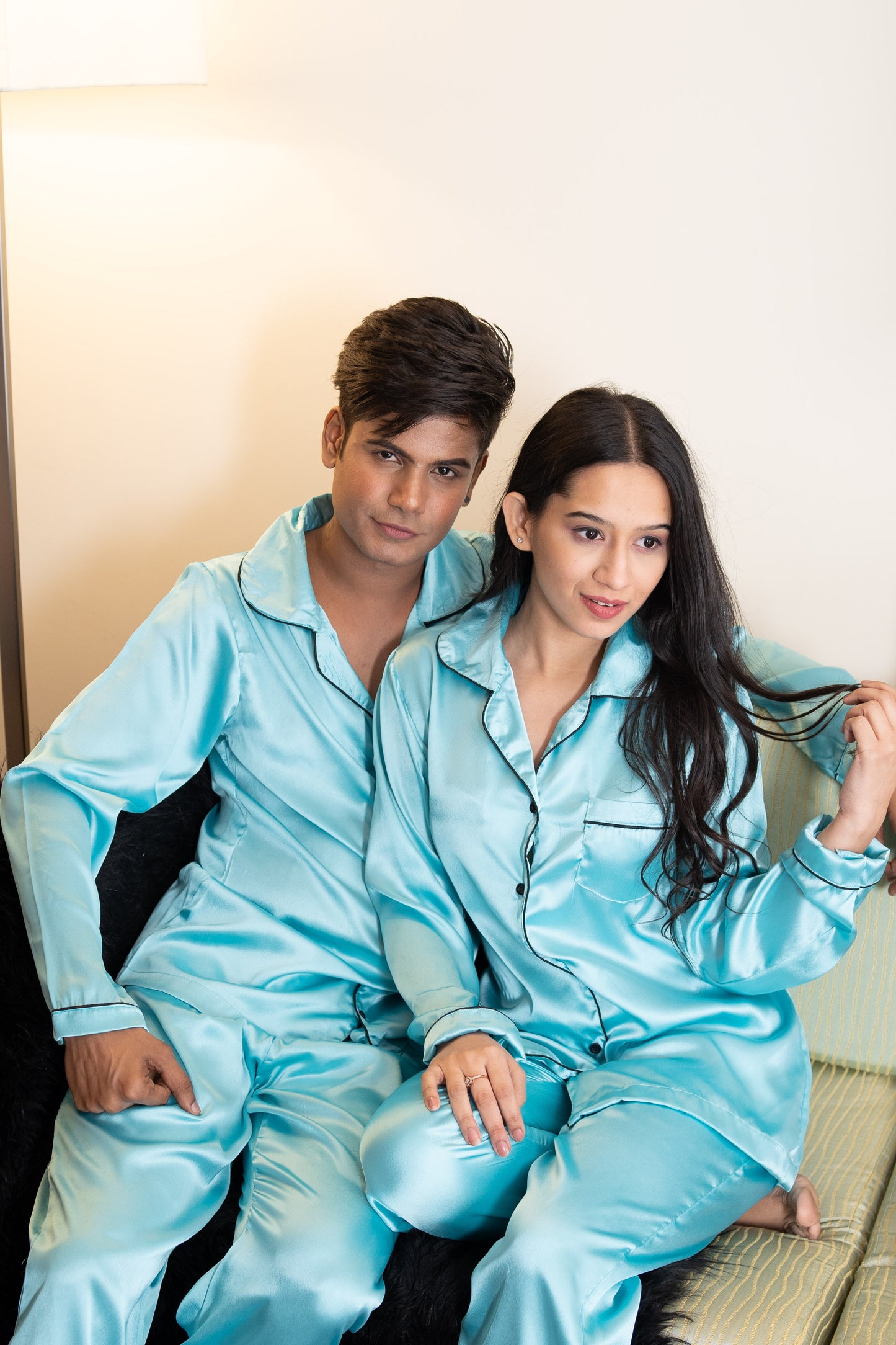 Aqua Blue Satin Couple Nightwear