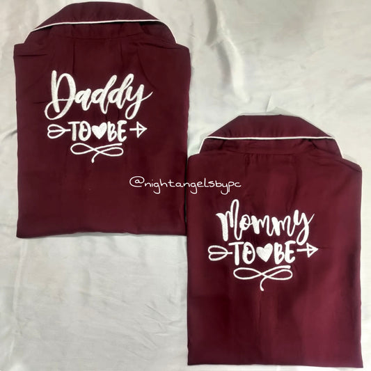 Mommy & Daddy To Be Mehroon Cotton Couple Nightwear